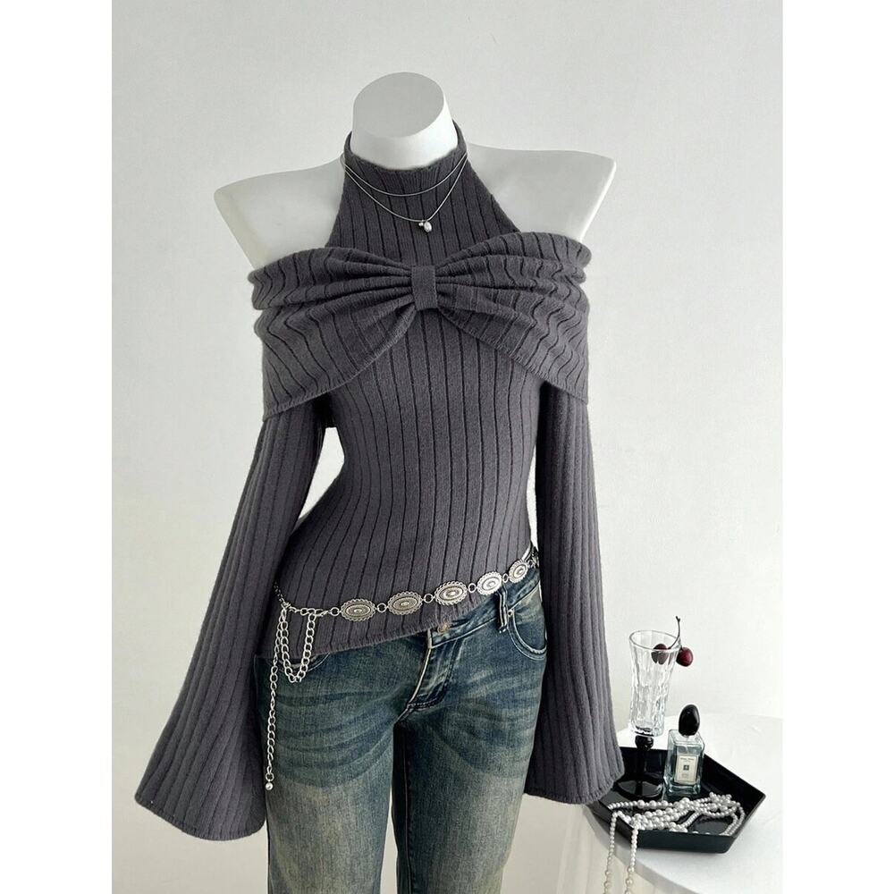 Women’s Dark Grey Ribbed Knit Halter Off-Shoulder Sweater Top w/ Bow Detail - XL - Picture 2 of 5